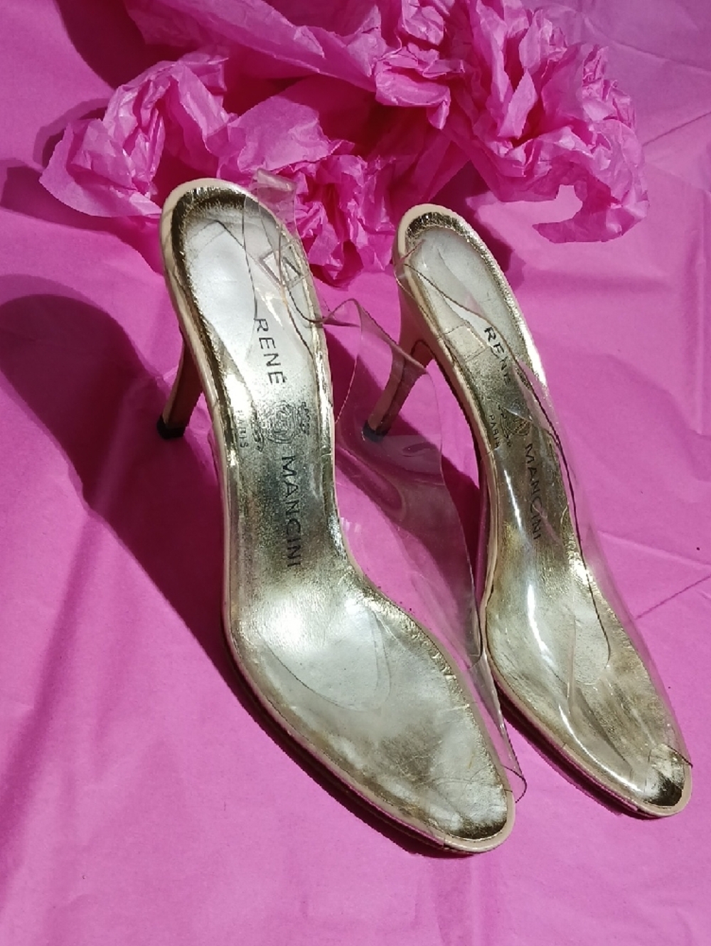 Rene Mancini Clear Open-Toe Mule Heels